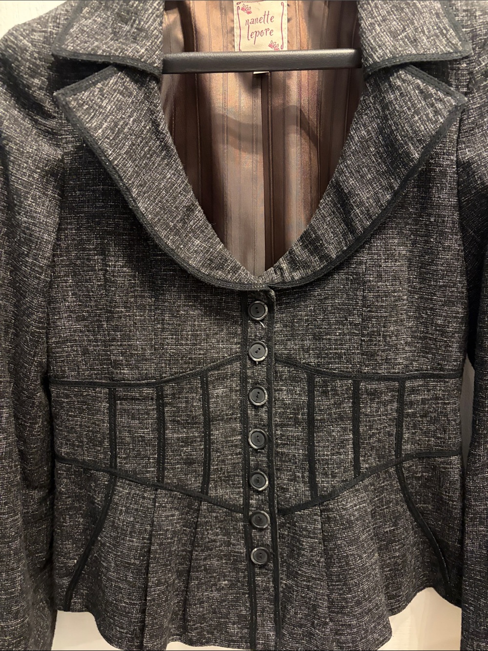 Nanette Lepore Charcoal Black Textured Button-Front Peplum Jacket